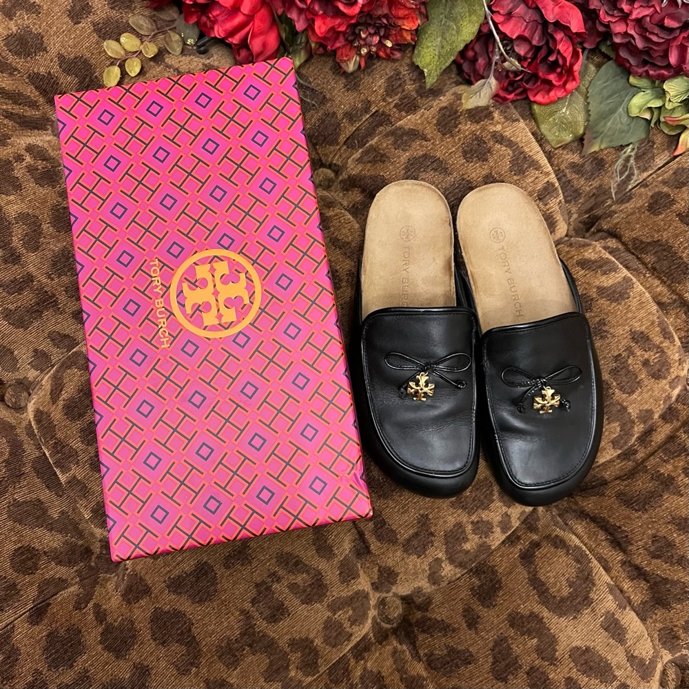 Tory Burch Black Leather Charm Mules size 7.5